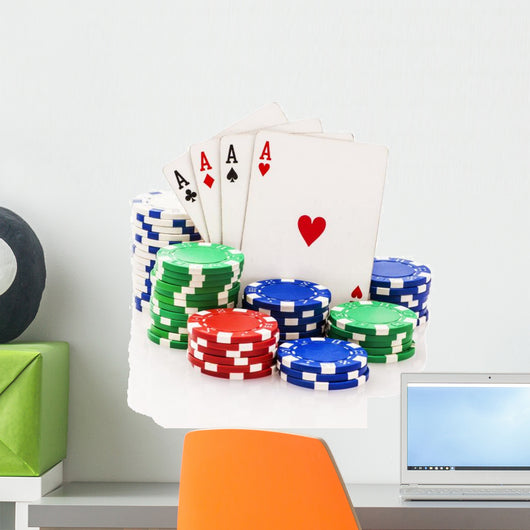 Four aces and stacks of poker chips isolated on white. Wall Decal