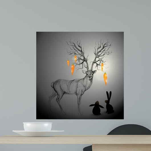 Deer with antlers like Tree / Rabbits look at carrots Wall Mural