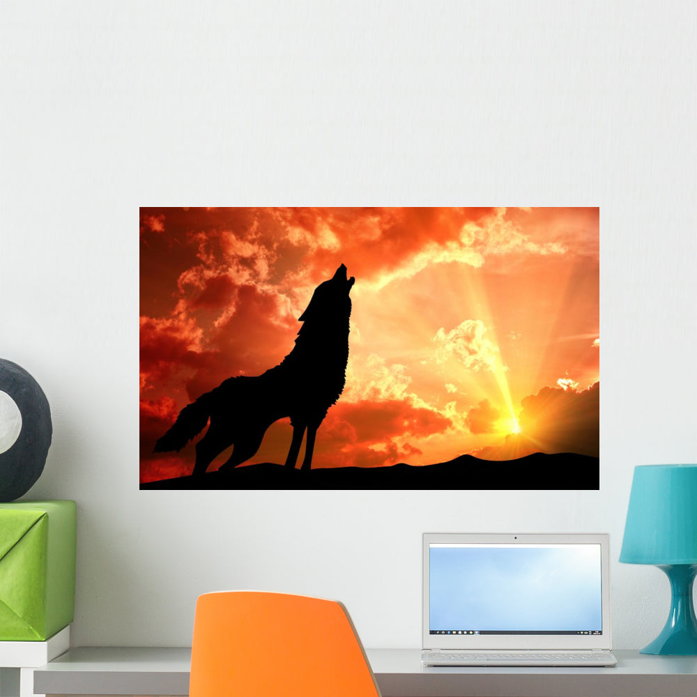 Tableau Loup Au Coucher Du Soleil – Toile Tendue, Non Encadrée, Style Art Déco