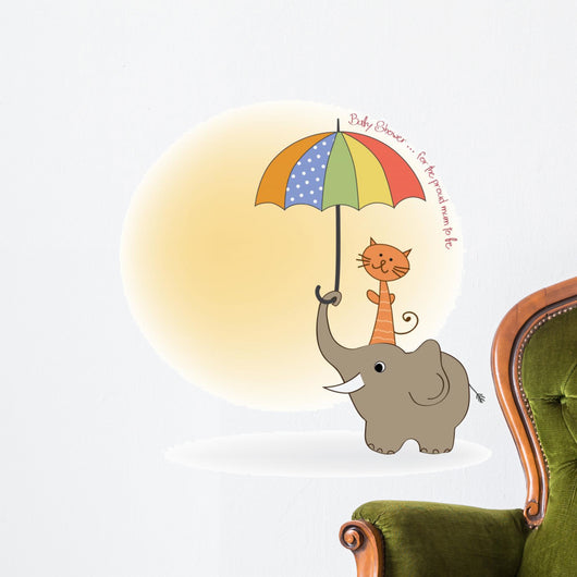 baby shower card with funny elephant and little cat Wall Decal