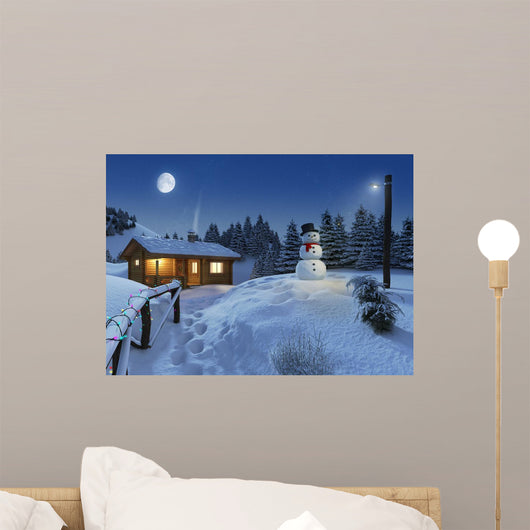 log house in a winter christmas scene Wall Mural