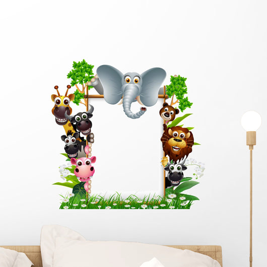 funny animal cartoon with blank sign and tropical forest Wall Decal