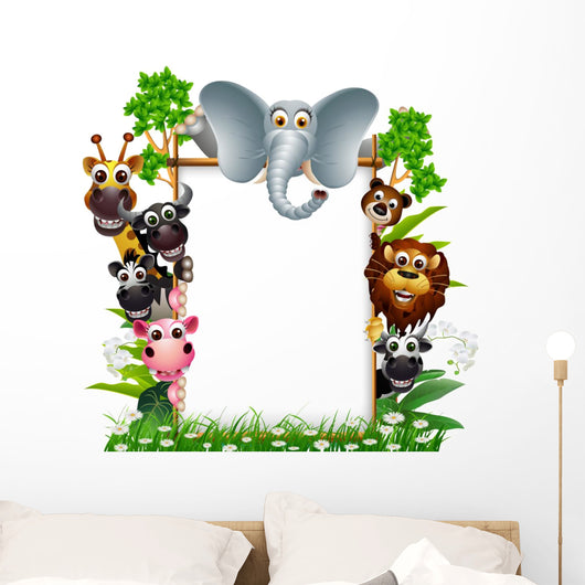 funny animal cartoon with blank sign and tropical forest Wall Decal