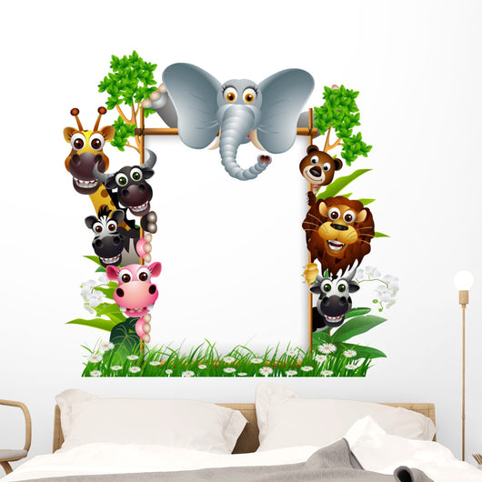 funny animal cartoon with blank sign and tropical forest Wall Decal