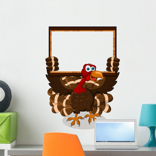 happy turkey cartoon with blank board Wall Decal