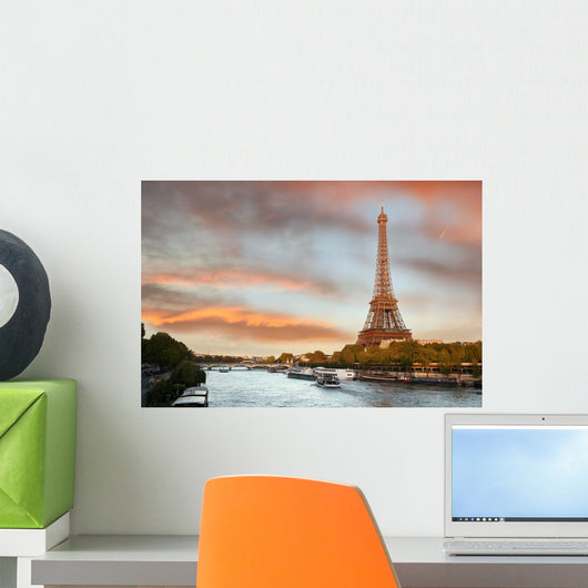 Eiffel Tower With Boats on Siene Wall Mural