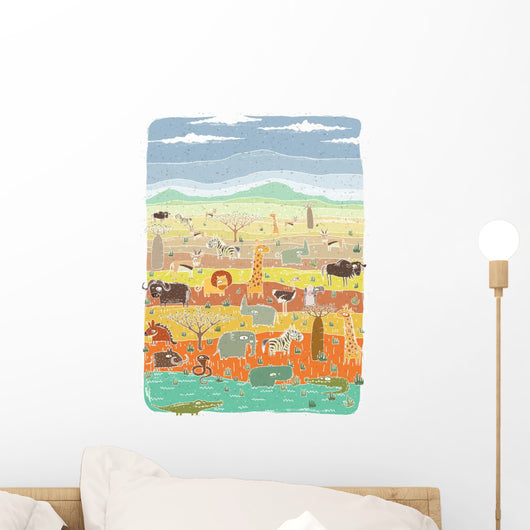 Grunge African Animals on Savannah Background Wall Decal