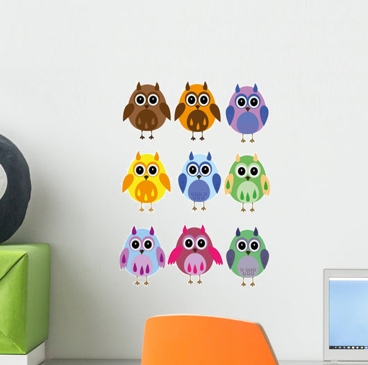 Colorful Owls on a White Background Wall Decal