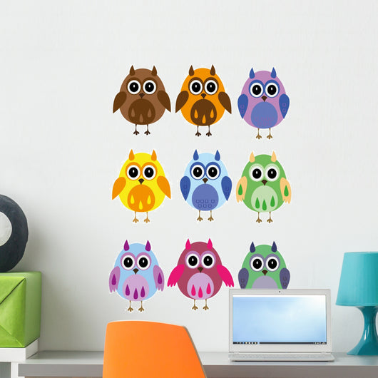 Colorful Owls on a White Background Wall Decal