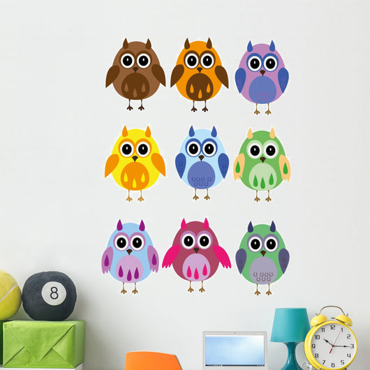 Colorful Owls on a White Background Wall Decal