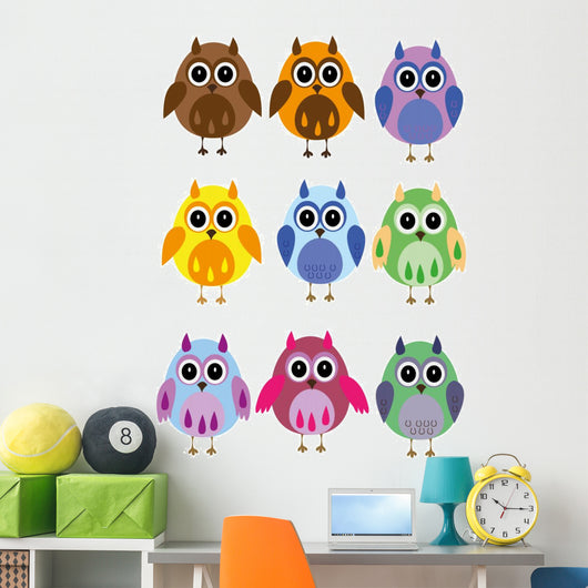 Colorful Owls on a White Background Wall Decal