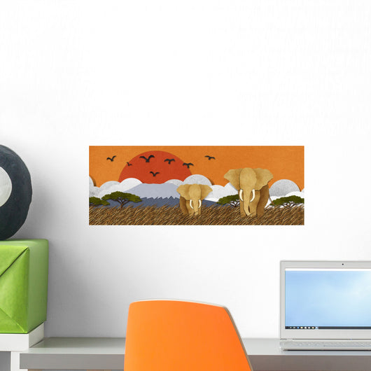 Elephant Safari Sunrise Wall Decal Panoramic Wall Decal