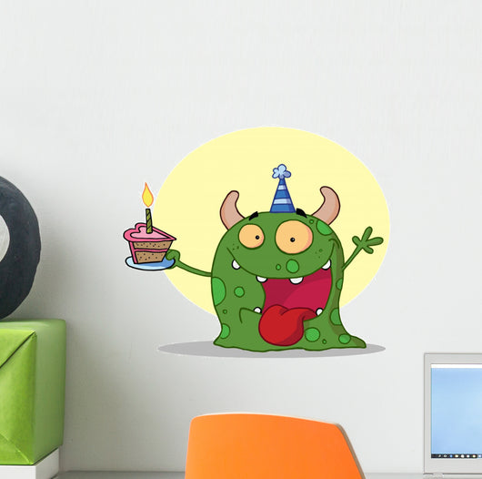 Happy Green Birthday Monster Wearing a Party Hat Wall Decal