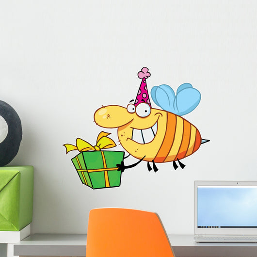 Happy Birthday Bee Wearing a Party Hat and Flying with a Gift Wall Decal