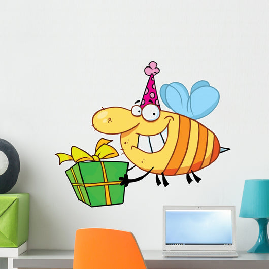 Happy Birthday Bee Wearing a Party Hat and Flying with a Gift Wall Decal