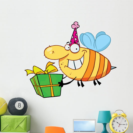 Happy Birthday Bee Wearing a Party Hat and Flying with a Gift Wall Decal