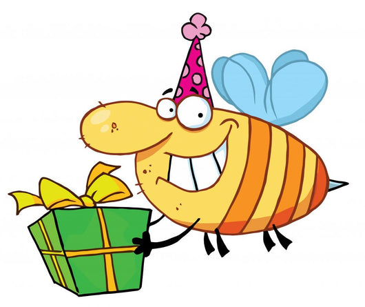 Happy Birthday Bee Wearing a Party Hat and Flying with a Gift Wall Decal