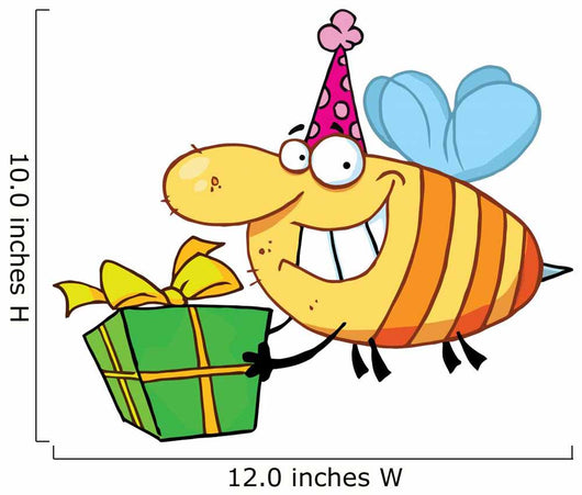 Happy Birthday Bee Wearing a Party Hat and Flying with a Gift Wall Decal