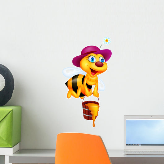 Bee cartoon with honey bucket Wall Decal