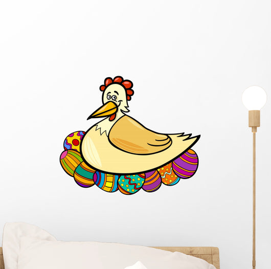 Hen Hatching Easter Eggs Cartoon Illustration Wall Decal