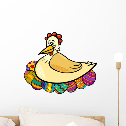 Hen Hatching Easter Eggs Cartoon Illustration Wall Decal
