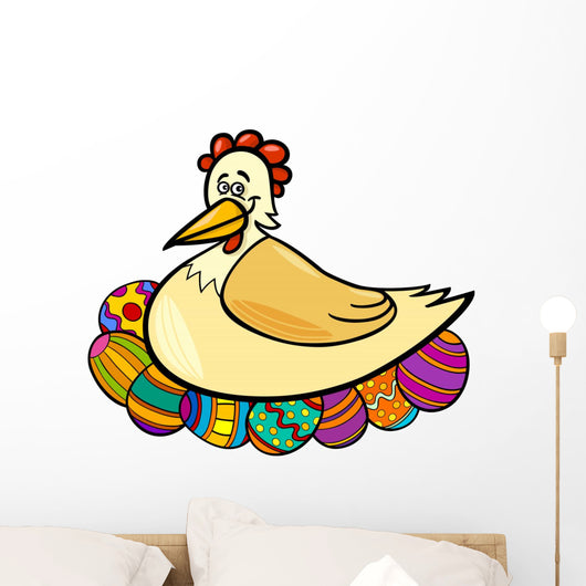 Hen Hatching Easter Eggs Cartoon Illustration Wall Decal
