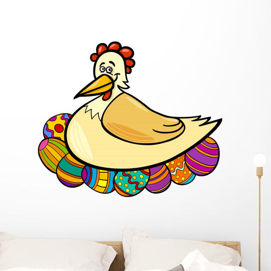 Hen Hatching Easter Eggs Cartoon Illustration Wall Decal
