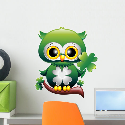 Baby Owl St Patrick Owl Cartoon Puppy with Quadrifoglio Wall Decal