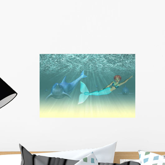 Mermaid Girl with Dolphins Wall Mural