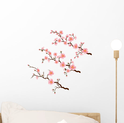 Cherry blossom branch in 3 diferent stages on white Wall Decal