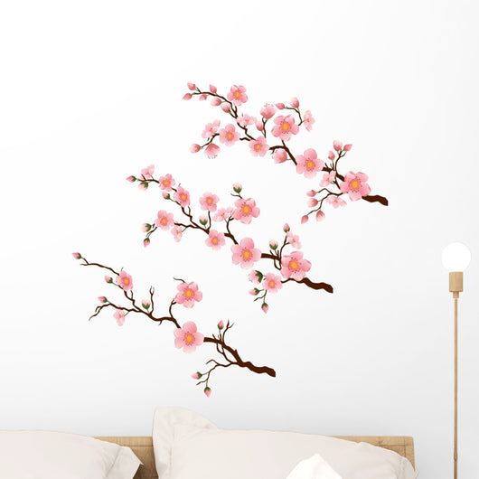 Cherry blossom branch in 3 diferent stages on white Wall Decal