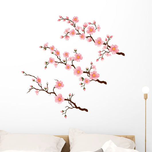 Cherry blossom branch in 3 diferent stages on white Wall Decal