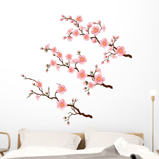 Cherry blossom branch in 3 diferent stages on white Wall Decal