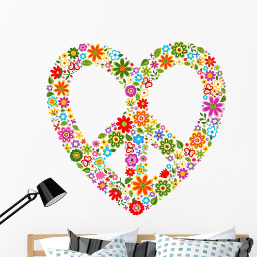 Heart Peace Symbol With Floral Pattern Wall Decal