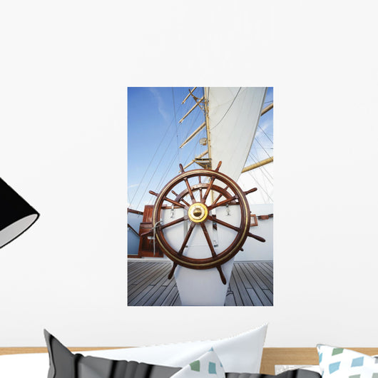 Ships helm on deck of a clipper ship, Italy Wall Mural
