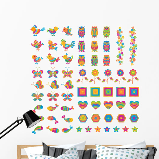 vector illustration of colorful bird,butterfly and fish Wall Mural