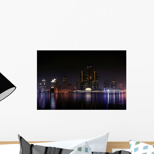 View of Detroit Skyline at Night Michigan Wall Mural