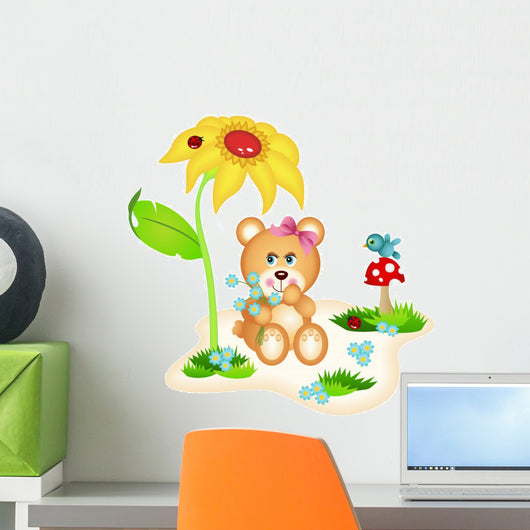Teddy Bear Picking Flowers Wall Decal