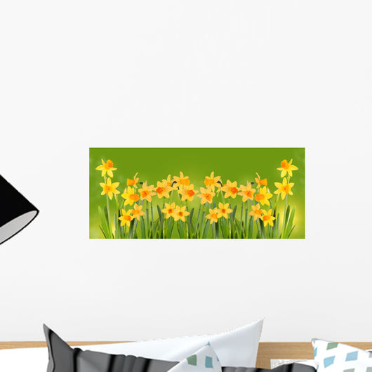 Bright yellow daffodils on a green background. Wall Mural