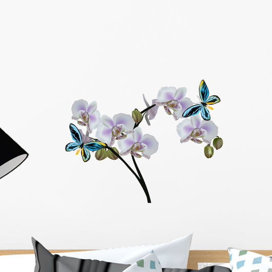 Light Orchid Flowers and Two Blue Butterflies Wall Decal