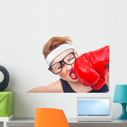 Funny fitness woman with boxing gloves, isolated on white Wall Decal