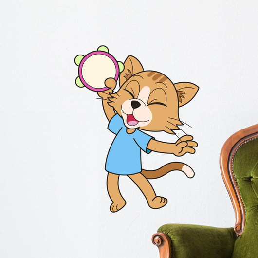 Cartoon Cat Playing a Tambourine Wall Decal