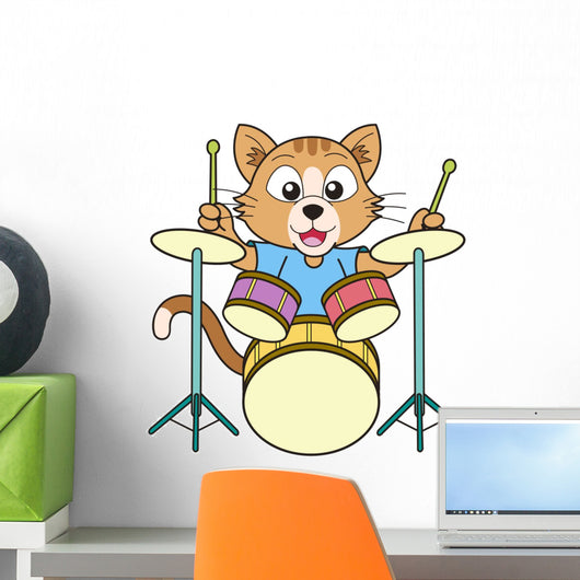Cartoon Cat Playing Drums Wall Decal