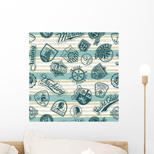 Nautical badges on a striped wallpaper - Vector seamless pattern Wall Mural
