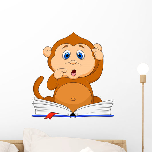 Cute monkey cartoon reading book Wall Decal