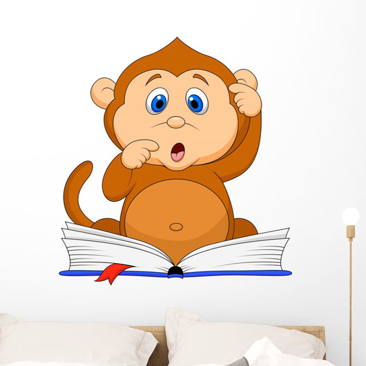 Cute monkey cartoon reading book Wall Decal
