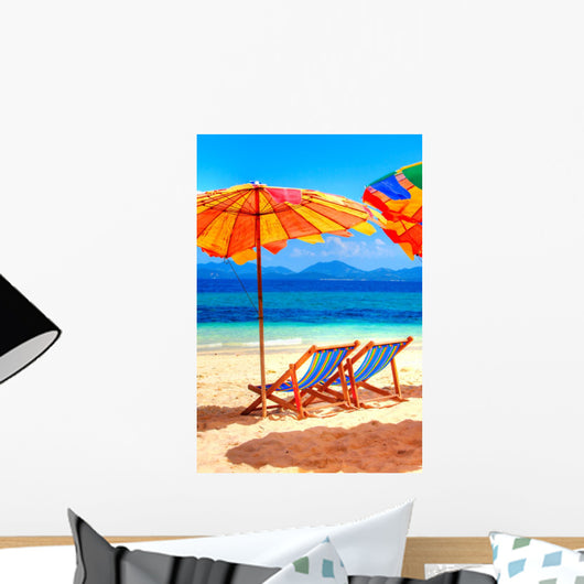 Deck chairs at the beach Wall Mural