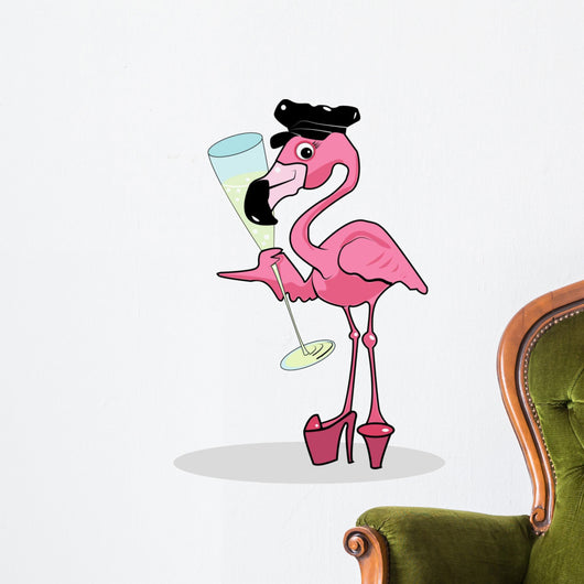 Flamingo drinking champagne Wall Decal