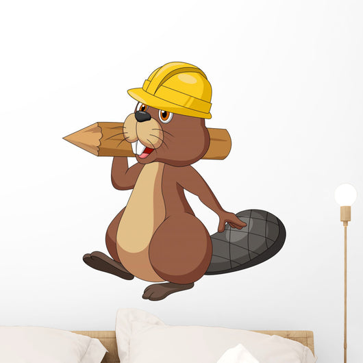Cute cartoon beaver wearing safety hat and holding a wood log Wall Decal