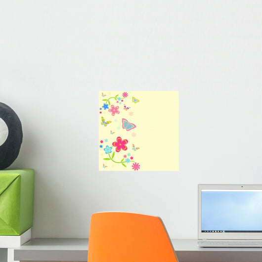 Card Background With Flowers and Butterflies Wall Mural